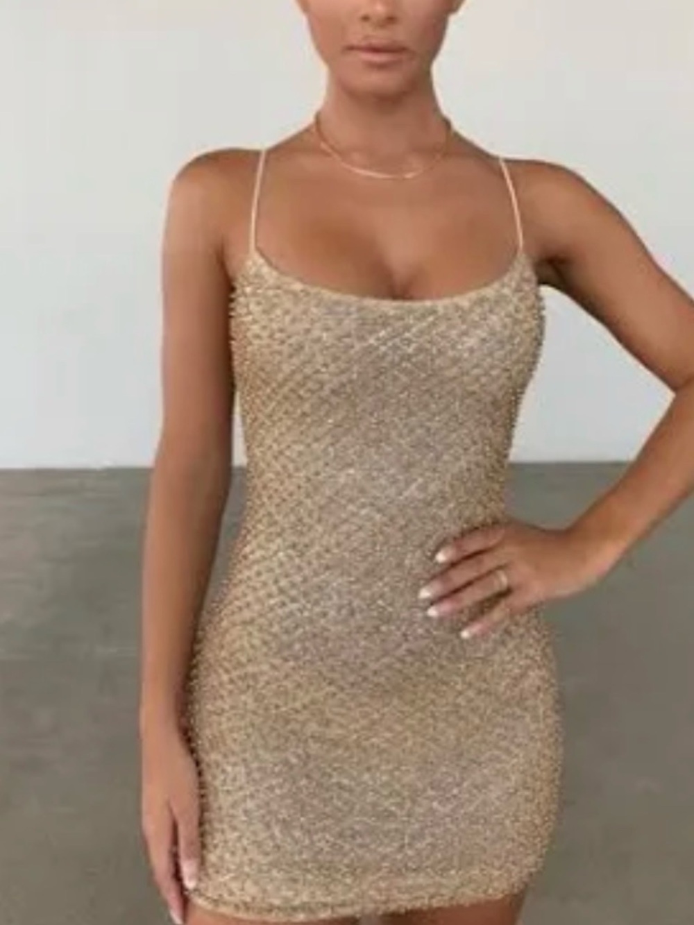 Oh Polly Gold Bodycon Mini Dress with Spaghetti Straps NWT. US4. UK8